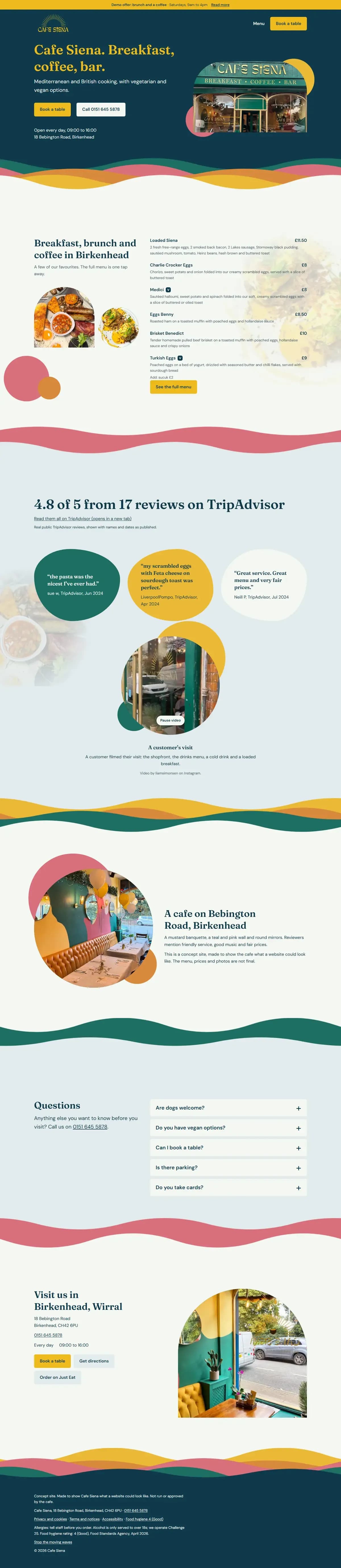 The Cafe Siena concept website on a desktop, scrolling down the page